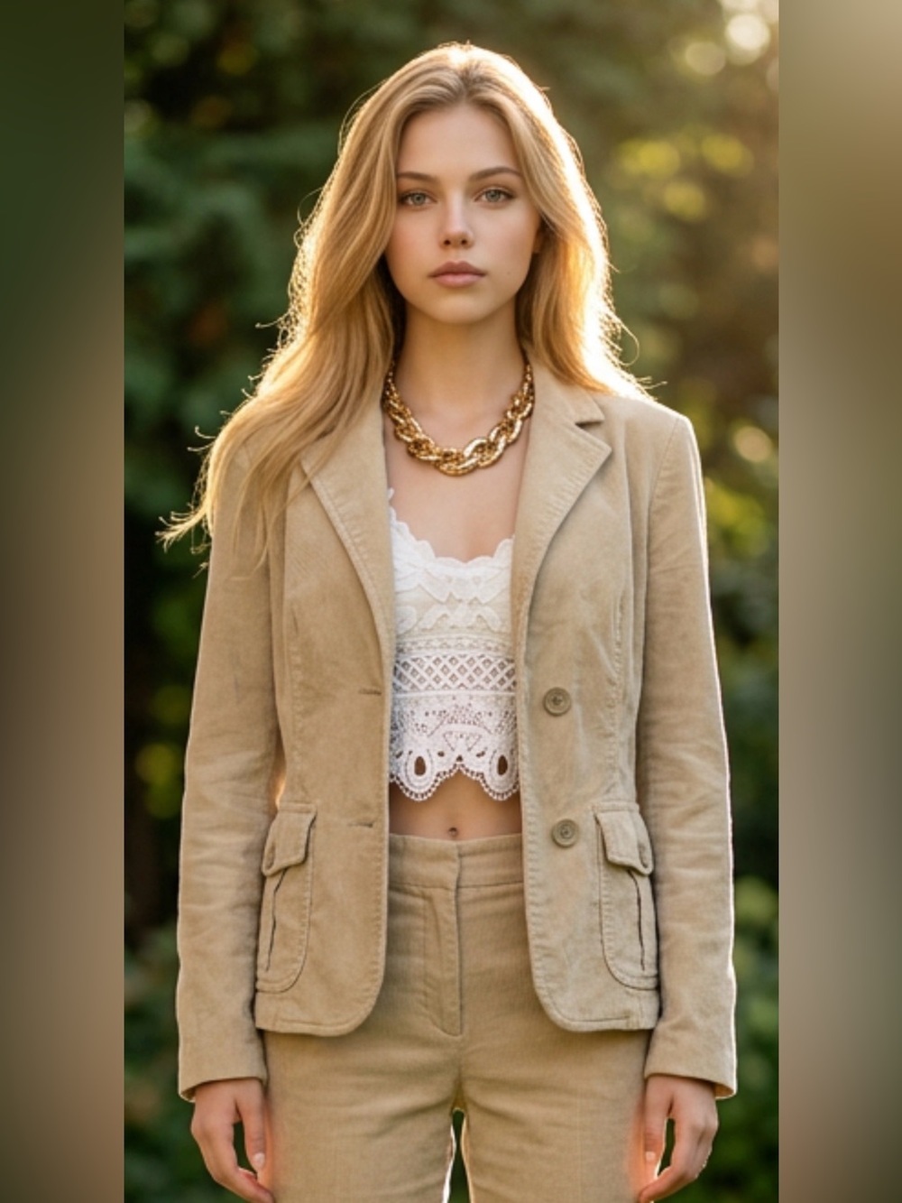 Women's Tan Corduroy Blazer Jacket - Classic Tailored Style